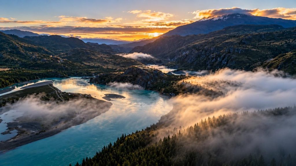 Sunrise over the Río Baker valley with mist in the trees
