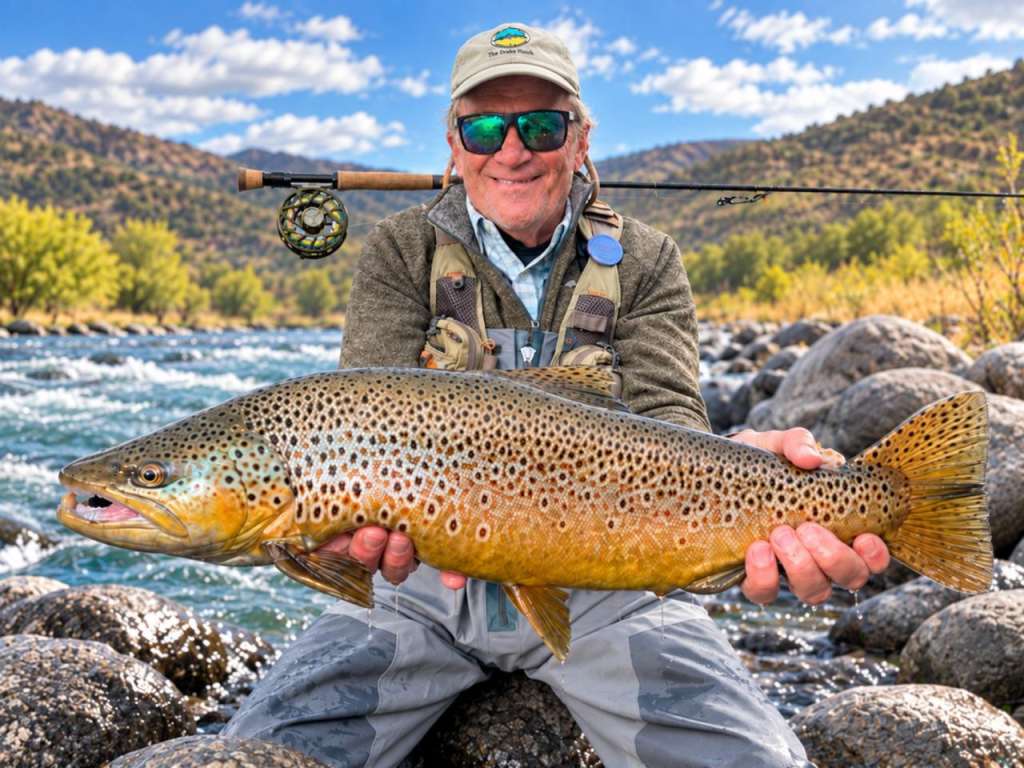 Angler holding a large brown trout by the Río Baker