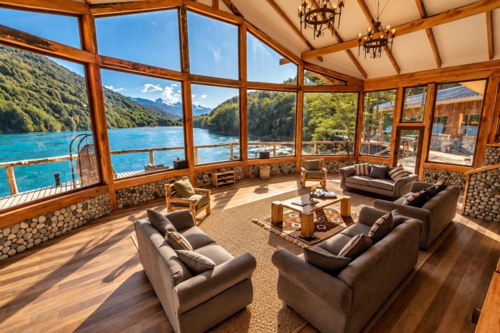 Living room with floor-to-ceiling windows over the Río Baker