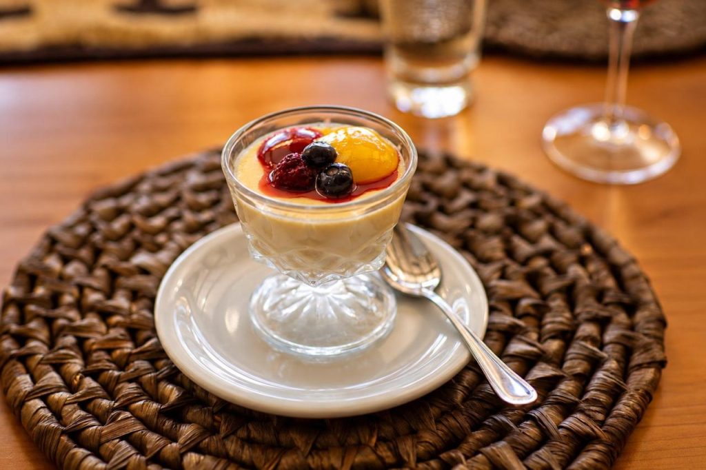 Dessert with berries served at the lodge