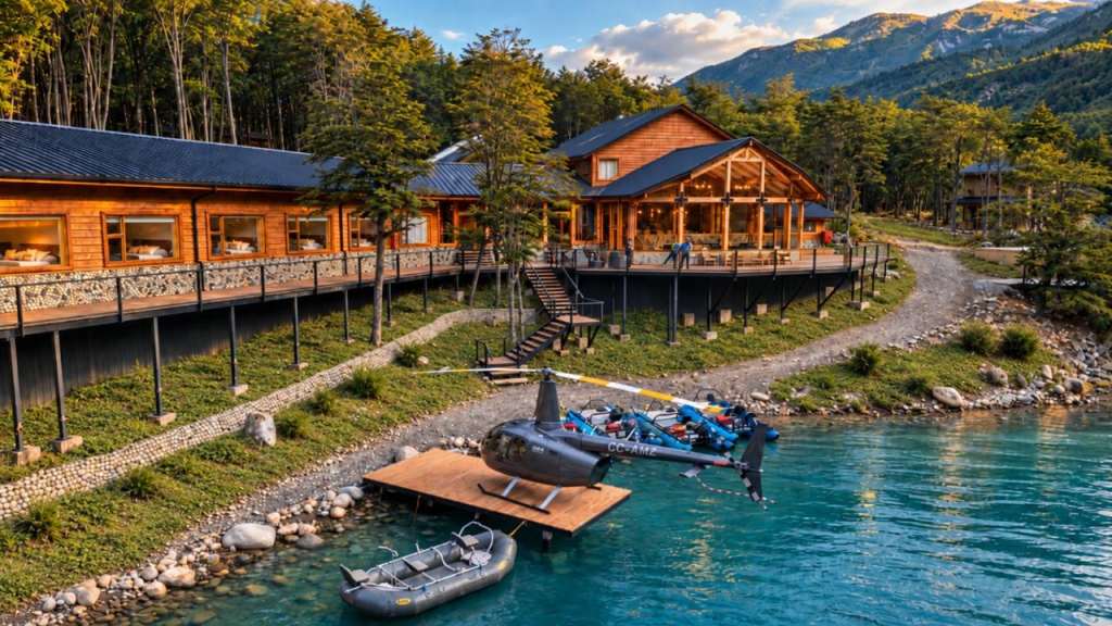 Patagonia Baker Lodge on the river with a helicopter on the dock