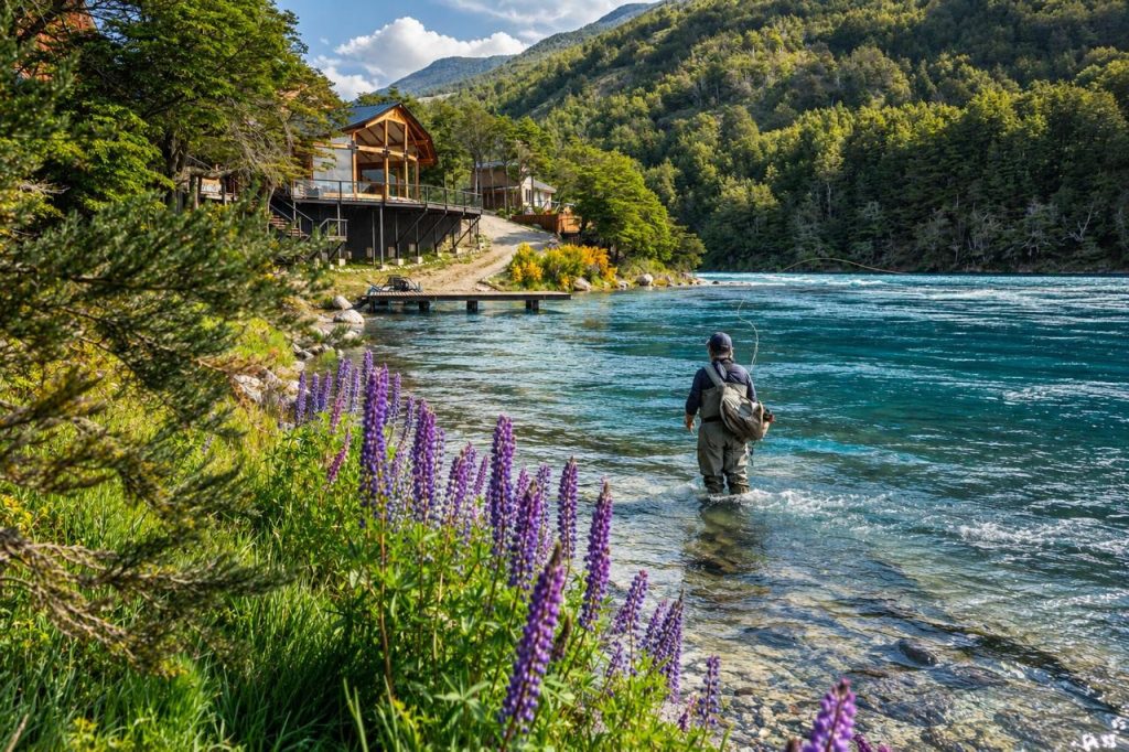 Angler wading the turquoise Río Baker below Patagonia Baker Lodge, lupines in bloom